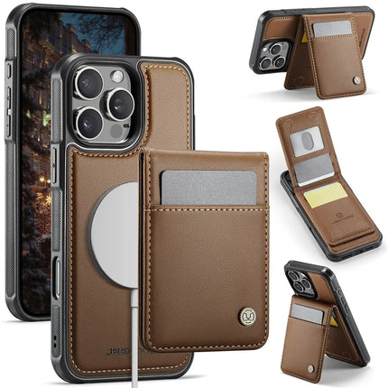 For iPhone 16 Pro Max JEEHOOD J06 Leather Back Cover Compatible with MagSafe Detachable Card Bag RFID Blocking - Brown