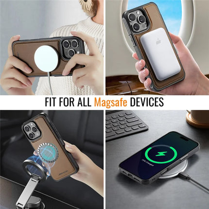 For iPhone 16 Pro Max JEEHOOD J06 Leather Back Cover Compatible with MagSafe Detachable Card Bag RFID Blocking