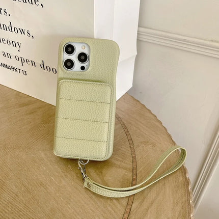 For iPhone 15 Pro Max Case Card Slots Kickstand PU Leather + PET Phone Cover with Wrist Strap