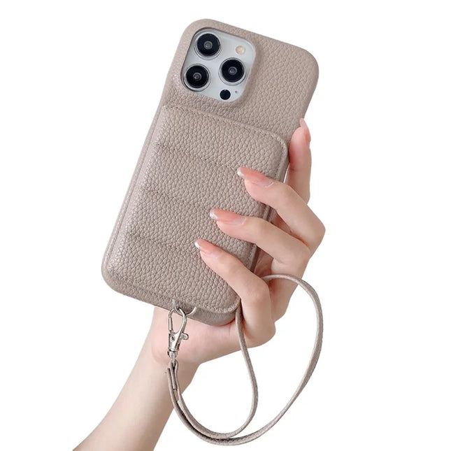For iPhone 15 Pro Max Case Card Slots Kickstand PU Leather + PET Phone Cover with Wrist Strap - Grey