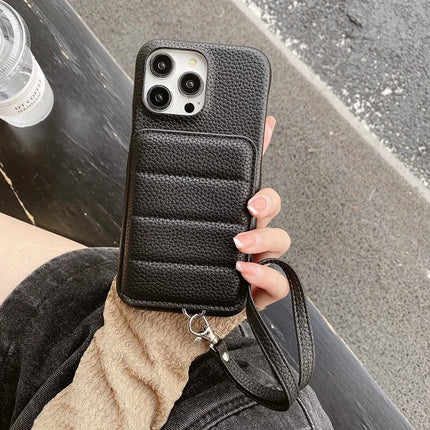 For iPhone 15 Pro Max Case Card Slots Kickstand PU Leather + PET Phone Cover with Wrist Strap