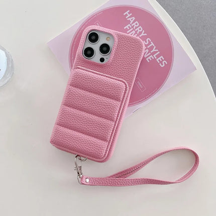 For iPhone 15 Pro Max Case Card Slots Kickstand PU Leather + PET Phone Cover with Wrist Strap