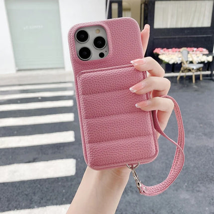 For iPhone 15 Pro Max Case Card Slots Kickstand PU Leather + PET Phone Cover with Wrist Strap