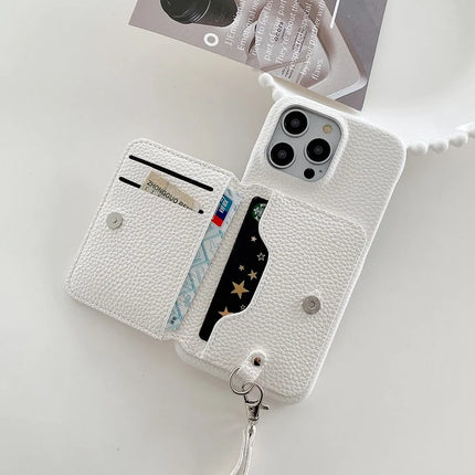 For iPhone 15 Pro Max Case Card Slots Kickstand PU Leather + PET Phone Cover with Wrist Strap