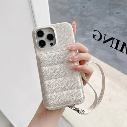 For iPhone 15 Pro Max Case Card Slots Kickstand PU Leather + PET Phone Cover with Wrist Strap