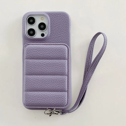 For iPhone 15 Pro Max Case Card Slots Kickstand PU Leather + PET Phone Cover with Wrist Strap