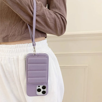 For iPhone 15 Pro Max Case Card Slots Kickstand PU Leather + PET Phone Cover with Wrist Strap