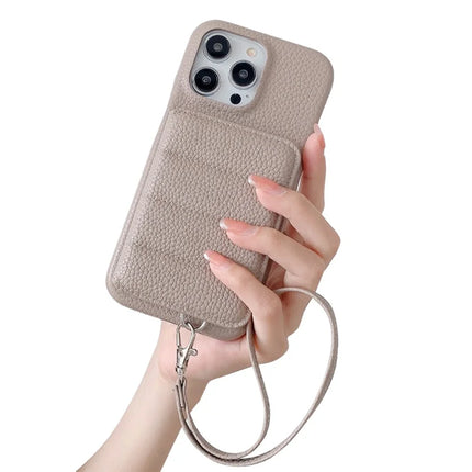 For iPhone 16 Pro Case Card Slots Kickstand PU Leather + PET Phone Cover with Wrist Strap - Grey