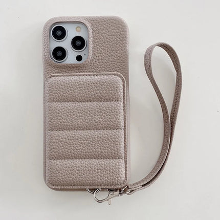 For iPhone 16 Pro Case Card Slots Kickstand PU Leather + PET Phone Cover with Wrist Strap