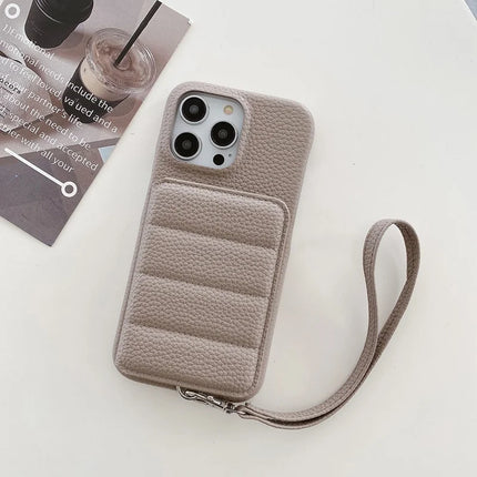For iPhone 16 Pro Case Card Slots Kickstand PU Leather + PET Phone Cover with Wrist Strap