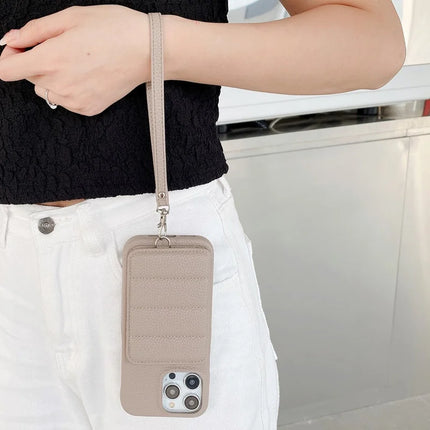 For iPhone 16 Pro Case Card Slots Kickstand PU Leather + PET Phone Cover with Wrist Strap