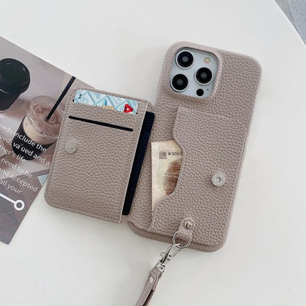 For iPhone 16 Pro Case Card Slots Kickstand PU Leather + PET Phone Cover with Wrist Strap