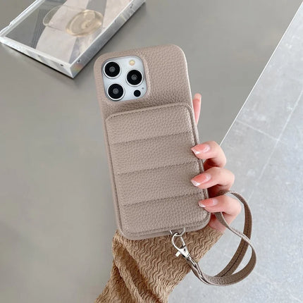 For iPhone 16 Pro Case Card Slots Kickstand PU Leather + PET Phone Cover with Wrist Strap