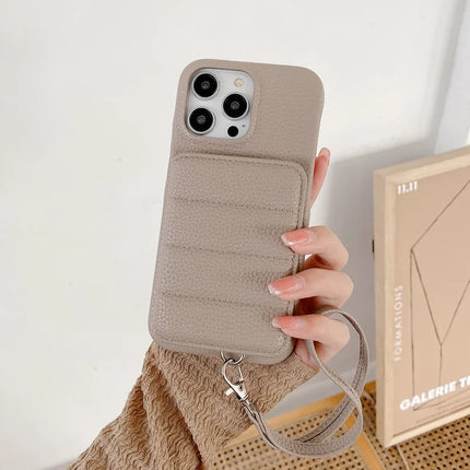 For iPhone 16 Pro Case Card Slots Kickstand PU Leather + PET Phone Cover with Wrist Strap