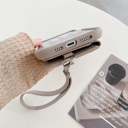 For iPhone 16 Pro Case Card Slots Kickstand PU Leather + PET Phone Cover with Wrist Strap