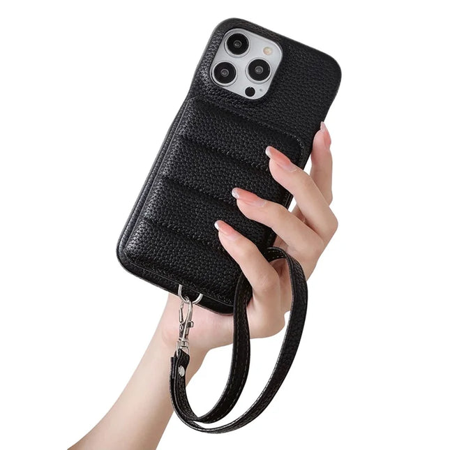 For iPhone 16 Pro Case Card Slots Kickstand PU Leather + PET Phone Cover with Wrist Strap - Black