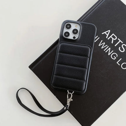 For iPhone 16 Pro Case Card Slots Kickstand PU Leather + PET Phone Cover with Wrist Strap