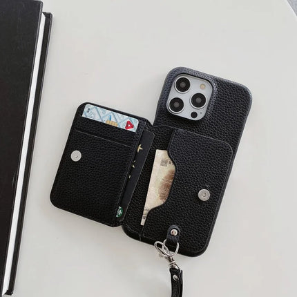For iPhone 16 Pro Case Card Slots Kickstand PU Leather + PET Phone Cover with Wrist Strap