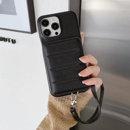 For iPhone 16 Pro Case Card Slots Kickstand PU Leather + PET Phone Cover with Wrist Strap