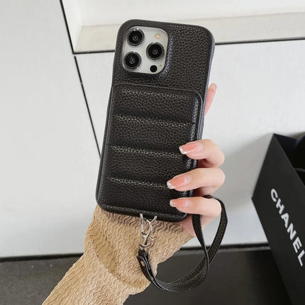 For iPhone 16 Pro Case Card Slots Kickstand PU Leather + PET Phone Cover with Wrist Strap
