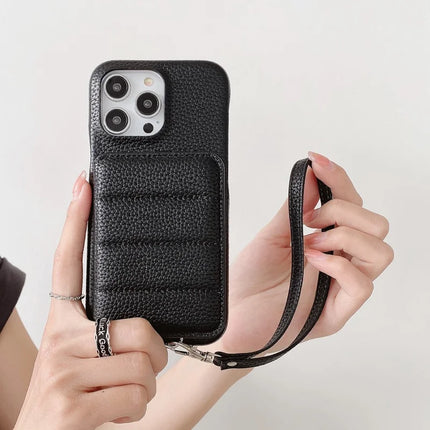 For iPhone 16 Pro Case Card Slots Kickstand PU Leather + PET Phone Cover with Wrist Strap