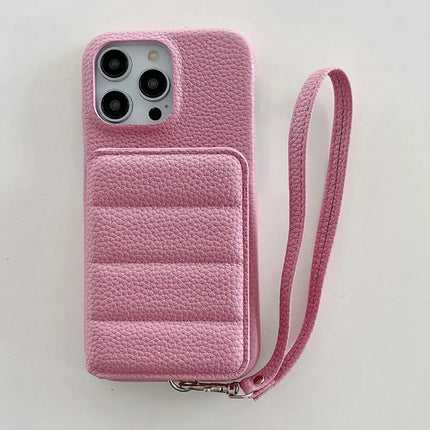 For iPhone 16 Pro Case Card Slots Kickstand PU Leather + PET Phone Cover with Wrist Strap