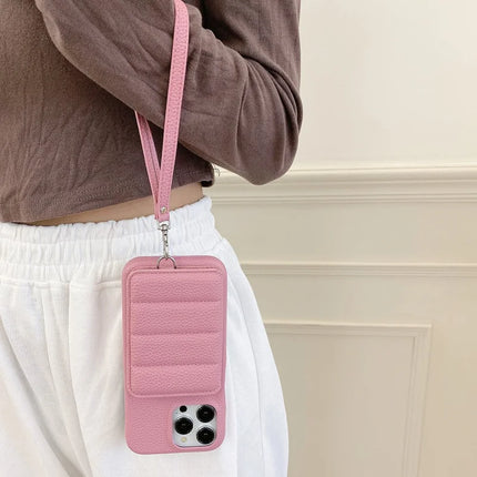 For iPhone 16 Pro Case Card Slots Kickstand PU Leather + PET Phone Cover with Wrist Strap