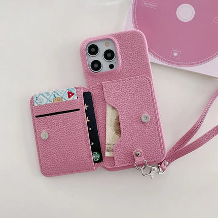 For iPhone 16 Pro Case Card Slots Kickstand PU Leather + PET Phone Cover with Wrist Strap