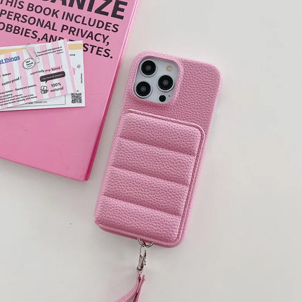 For iPhone 16 Pro Case Card Slots Kickstand PU Leather + PET Phone Cover with Wrist Strap