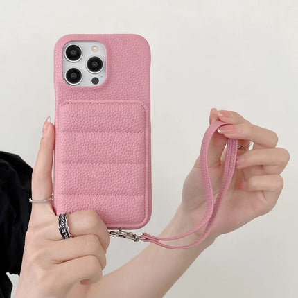 For iPhone 16 Pro Case Card Slots Kickstand PU Leather + PET Phone Cover with Wrist Strap