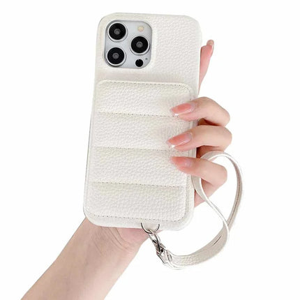 For iPhone 16 Pro Case Card Slots Kickstand PU Leather + PET Phone Cover with Wrist Strap - White