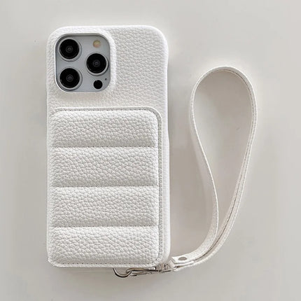 For iPhone 16 Pro Case Card Slots Kickstand PU Leather + PET Phone Cover with Wrist Strap