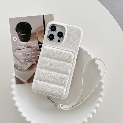 For iPhone 16 Pro Case Card Slots Kickstand PU Leather + PET Phone Cover with Wrist Strap