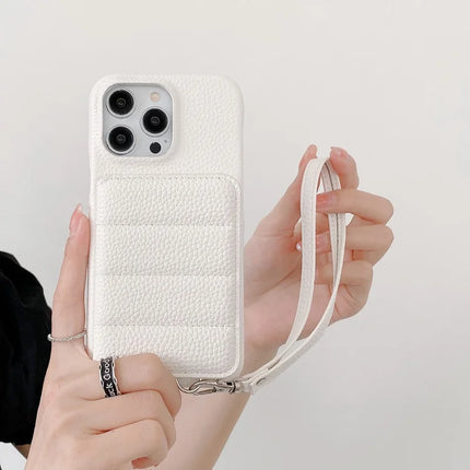 For iPhone 16 Pro Case Card Slots Kickstand PU Leather + PET Phone Cover with Wrist Strap