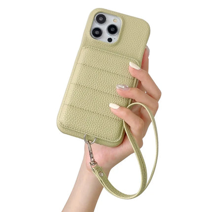 For iPhone 16 Pro Case Card Slots Kickstand PU Leather + PET Phone Cover with Wrist Strap - Green