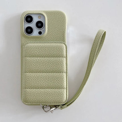 For iPhone 16 Pro Case Card Slots Kickstand PU Leather + PET Phone Cover with Wrist Strap