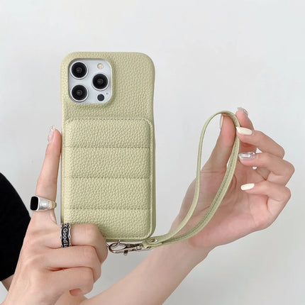 For iPhone 16 Pro Case Card Slots Kickstand PU Leather + PET Phone Cover with Wrist Strap