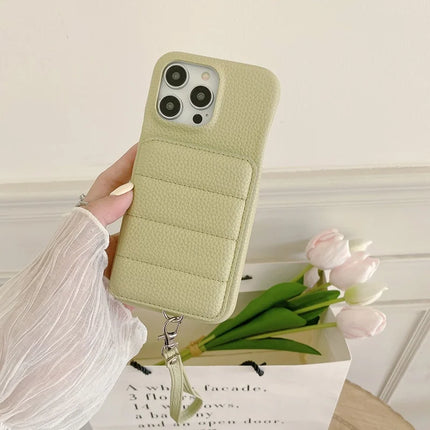 For iPhone 16 Pro Case Card Slots Kickstand PU Leather + PET Phone Cover with Wrist Strap