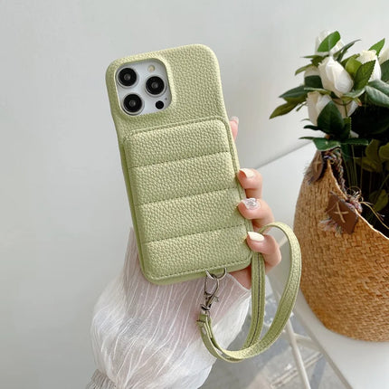 For iPhone 16 Pro Case Card Slots Kickstand PU Leather + PET Phone Cover with Wrist Strap
