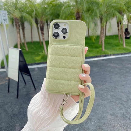 For iPhone 16 Pro Case Card Slots Kickstand PU Leather + PET Phone Cover with Wrist Strap