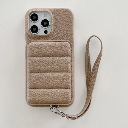 For iPhone 16 Pro Case Card Slots Kickstand PU Leather + PET Phone Cover with Wrist Strap