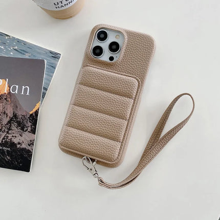 For iPhone 16 Pro Case Card Slots Kickstand PU Leather + PET Phone Cover with Wrist Strap