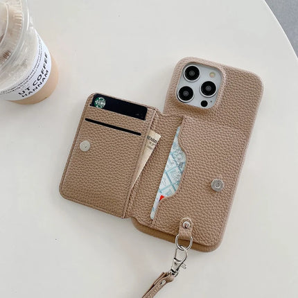 For iPhone 16 Pro Case Card Slots Kickstand PU Leather + PET Phone Cover with Wrist Strap