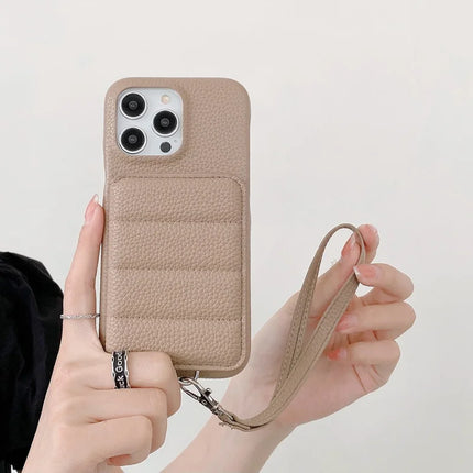 For iPhone 16 Pro Case Card Slots Kickstand PU Leather + PET Phone Cover with Wrist Strap