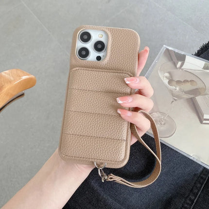 For iPhone 16 Pro Case Card Slots Kickstand PU Leather + PET Phone Cover with Wrist Strap
