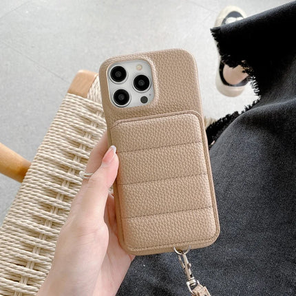For iPhone 16 Pro Case Card Slots Kickstand PU Leather + PET Phone Cover with Wrist Strap