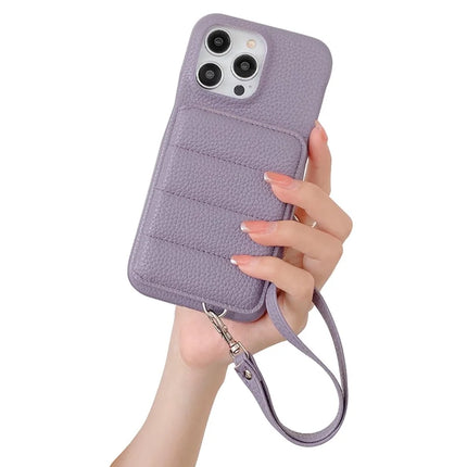 For iPhone 16 Pro Case Card Slots Kickstand PU Leather + PET Phone Cover with Wrist Strap - Purple