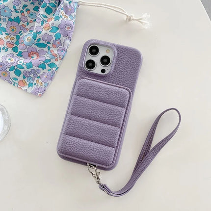 For iPhone 16 Pro Case Card Slots Kickstand PU Leather + PET Phone Cover with Wrist Strap
