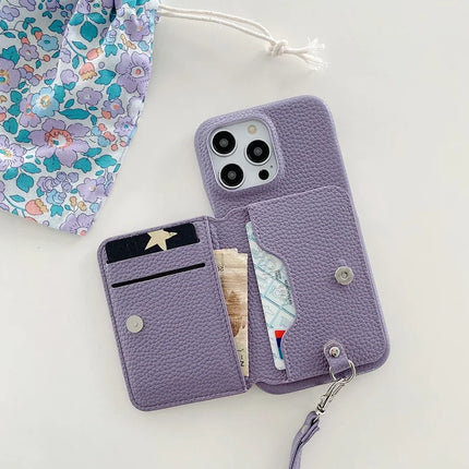 For iPhone 16 Pro Case Card Slots Kickstand PU Leather + PET Phone Cover with Wrist Strap
