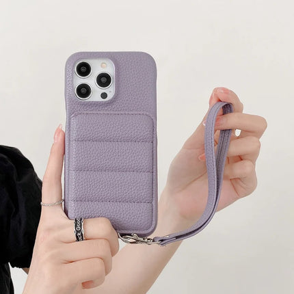 For iPhone 16 Pro Case Card Slots Kickstand PU Leather + PET Phone Cover with Wrist Strap
